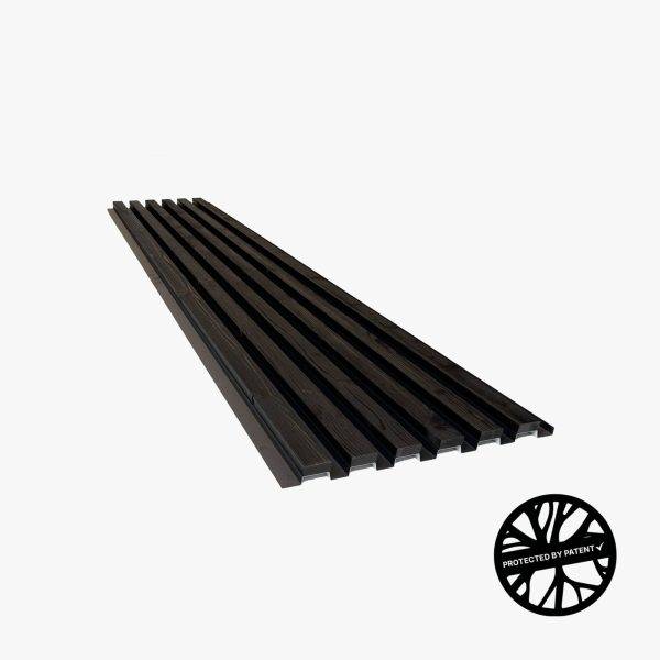 WoodUpp dark slatted cladding panel composed of eight parallel narrow wooden battens on an integrated base, shown in black stain with visible wood grain and recessed channels for mounting. The image also displays a round "Protected by Patent" badge in the lower right corner.